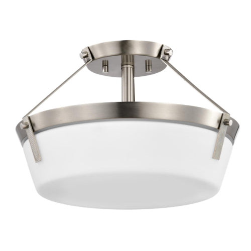 Satco 60-7763, Rowen 3-Light Semi Flush Mount Light Fixture, 120V, 60W, Brushed Nickel Finish, Etched White Glass