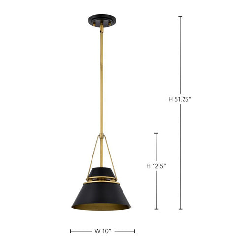 Satco 60-7767, Adina 1-Light Small Pendant Ceiling Light Fixture, 120V, 60W, Matte Black and Natural Brass Finish