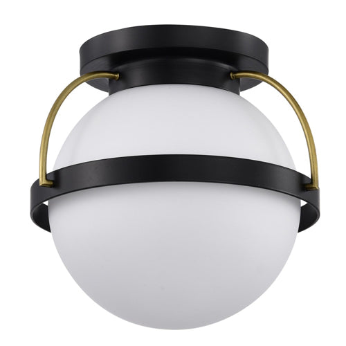 Satco 60-7770, Lakeshore, 1-Light Small Flush Mount Ceiling Light Fixture, 120V, 60W, Matte Black and Natural Brass Finish, White Opal Glass
