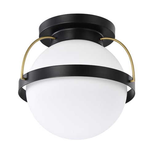 Satco 60-7771, Lakeshore, 1-Light Medium Flush Mount Ceiling Light Fixture, 120V, 60W, Matte Black and Natural Brass Finish, White Opal Glass