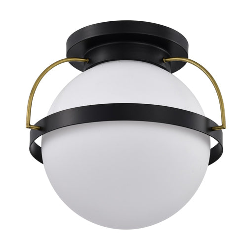 Satco 60-7772, Lakeshore, 1-Light Large Flush Mount Ceiling Light Fixture, 120V, 60W, Matte Black and Natural Brass Finish, White Opal Glass