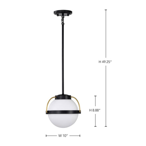 Satco 60-7773, Lakeshore, 1-Light Small Pendant Ceiling Light Fixture, 120V, 60W, Matte Black and Natural Brass Finish, White Opal Glass