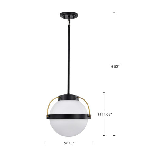 Satco 60-7774, Lakeshore, 1-Light Medium Pendant Ceiling Light Fixture, 120V, 60W, Matte Black and Natural Brass Finish, White Opal Glass