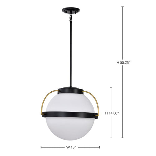 Satco 60-7775, Lakeshore, 1-Light Large Pendant Ceiling Light Fixture, 120V, 60W, Matte Black and Natural Brass Finish, White Opal Glass