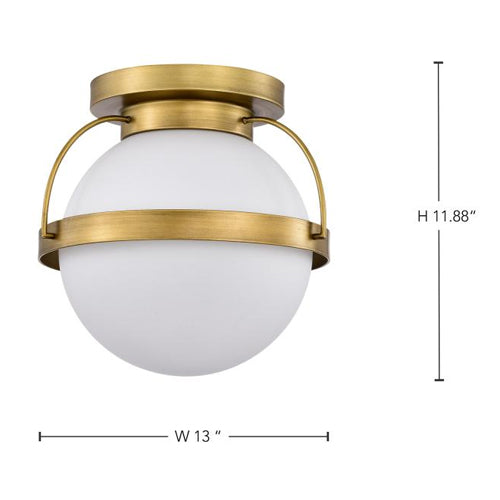 Satco 60-7781, Lakeshore, 1-Light Medium Flush Mount Ceiling Light Fixture, 120V, 60W, Natural Brass Finish, White Opal Glass