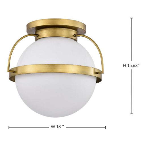 Satco 60-7782, Lakeshore, 1-Light Large Flush Mount Ceiling Light Fixture, 120V, 60W, Natural Brass Finish, White Opal Glass