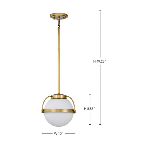 Satco 60-7783, Lakeshore, 1-Light Small Pendant Ceiling Light Fixture, 120V, 60W, Natural Brass Finish, White Opal Glass