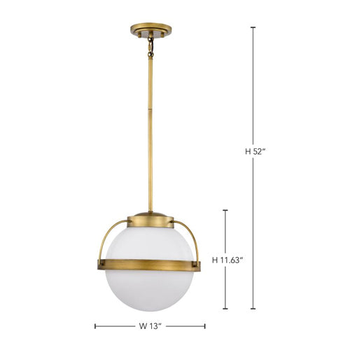 Satco 60-7784, Lakeshore, 1-Light Medium Pendant Ceiling Light Fixture, 120V, 60W, Natural Brass Finish, White Opal Glass