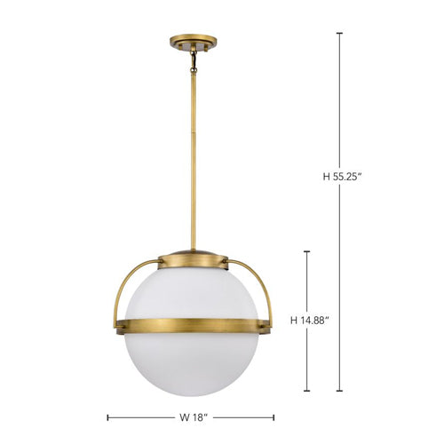 Satco 60-7785, Lakeshore, 1-Light Large Pendant Ceiling Light Fixture, 120V, 60W, Natural Brass Finish, White Opal Glass
