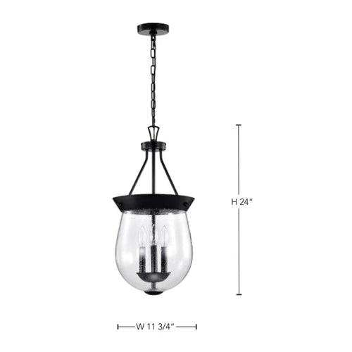 Satco 60-7800, Boliver, 3-Light 11" Pendant Ceiling Light Fixture, 120V, 60W, Candelabra Base, Matte Black Finish, Clear Seeded Glass