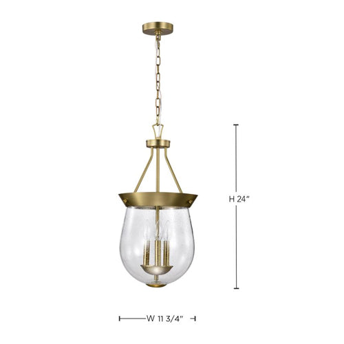 Satco 60-7801, Boliver, 3-Light 11" Pendant Ceiling Light Fixture, 120V, 60W, Candelabra Base, Vintage Brass Finish, Clear Seeded Glass