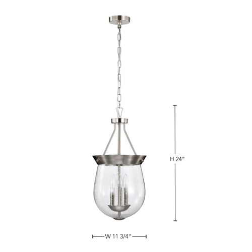 Satco 60-7802, Boliver, 3-Light 11" Pendant Ceiling Light Fixture, 120V, 60W, Candelabra Base, Brushed Nickel Finish, Clear Seeded Glass