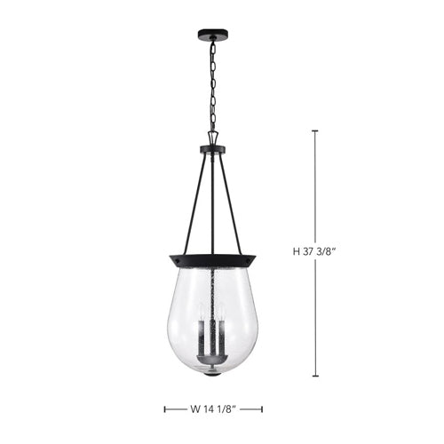 Satco 60-7803, Boliver, 3-Light 14" Pendant Ceiling Light Fixture, 120V, 60W, Candelabra Base, Matte Black Finish, Clear Seeded Glass