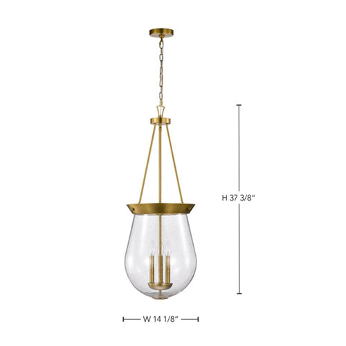 Satco 60-7804, Boliver, 3-Light 14" Pendant Ceiling Light Fixture, 120V, 60W, Candelabra Base, Vintage Brass Finish, Clear Seeded Glass