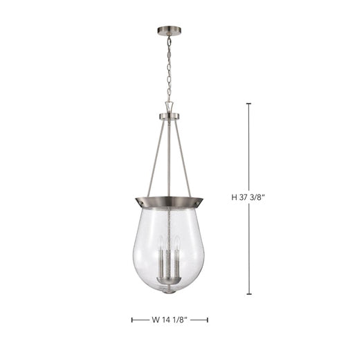 Satco 60-7805, Boliver, 3-Light 14" Pendant Ceiling Light Fixture, 120V, 60W, Candelabra Base, Brushed Nickel Finish, Clear Seeded Glass