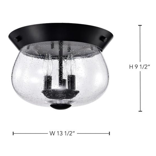 Satco 60-7806, Boliver, 3-Light Flush Mount Ceiling Light Fixture, 120V, 60W, Candelabra  Base, Matte Black Finish, Clear Seeded Glass