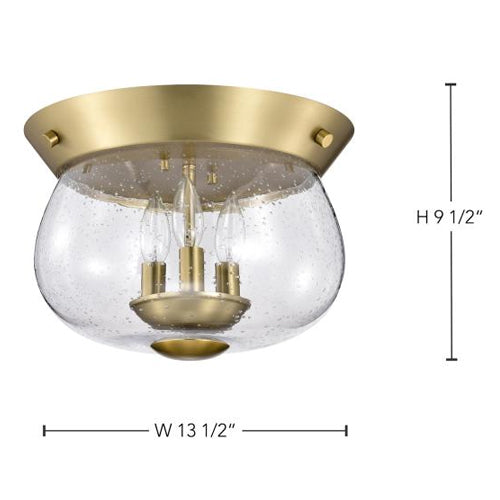 Satco 60-7807, Boliver, 3-Light Flush Mount Ceiling Light Fixture, 120V, 60W, Candelabra Base, Vintage Brass Finish, Clear Seeded Glass