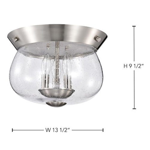 Satco 60-7808, Boliver, 3-Light Flush Mount Ceiling Light Fixture, 120V, 60W, Candelabra Base, Brushed Nickel Finish, Clear Seeded Glass