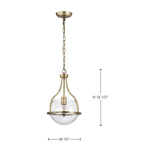 Satco 60-7815, Amado, 1-Light 10" Pendant Ceiling Light Fixture, 120V, 60W, Medium Base, Vintage Brass Finish, Clear Glass
