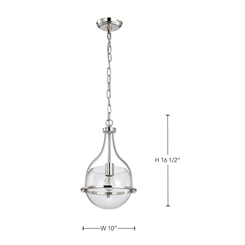 Satco 60-7816, Amado, 1-Light 10" Pendant Ceiling Light Fixture, 120V, 60W, Medium Base, Polished Nickel Finish, Clear Glass