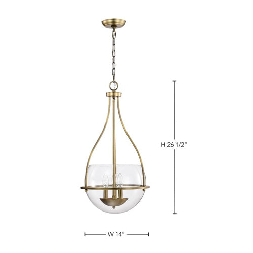 Satco 60-7818, Amado, 3-Light 14" Pendant Ceiling Light Fixture, 120V, 60W, Candelabra Base, Vintage Brass Finish, Clear Glass