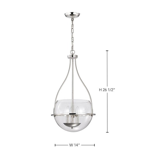 Satco 60-7819, Amado, 3-Light 14" Pendant Ceiling Light Fixture, 120V, 60W, Candelabra Base, Polished Nickel Finish, Clear Glass