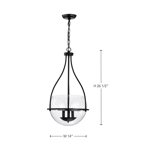 Satco 60-7820, Amado, 3-Light 14" Pendant Ceiling Light Fixture, 120V, 60W, Candelabra Base, Matte Black Finish, Clear Glass