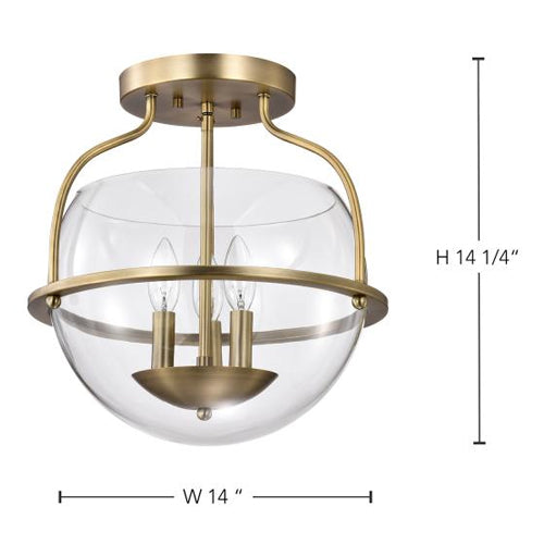 Satco 60-7821, Amado, 3-Light Semi Flush Mount Light Fixture, 120V, 60W, Candelabra  Base, Vintage Brass Finish, Clear Glass