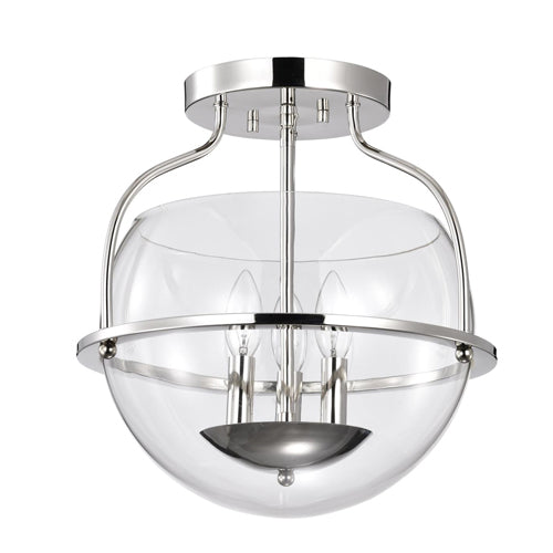 Satco 60-7822, Amado, 3-Light Semi Flush Mount Light Fixture, 120V, 60W, Candelabra  Base, Polished Nickel Finish, Clear Glass