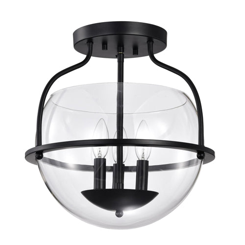 Satco 60-7823, Amado, 3-Light Semi Flush Mount Light Fixture, 120V, 60W, Candelabra Base, Matte Black Finish, Clear Glass