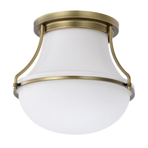 Satco 60-7860, Valdora, 1-Light 10" Flush Mount Ceiling Light Fixture, 120V, 60W, Medium Base, Natural Brass Finish, White Opal Glass