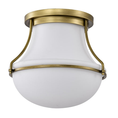 Satco 60-7861, Valdora, 1-Light 14" Flush Mount Ceiling Light Fixture, 120V, 60W, Medium Base, Natural Brass Finish, White Opal Glass