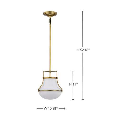 Satco 60-7862, Valdora, 1-Light 10" Pendant Ceiling Light Fixture, 120V, 60W, Medium Base, Natural Brass Finish, White Opal Glass