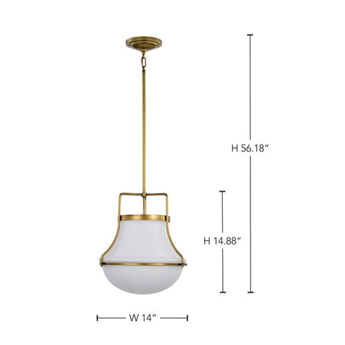 Satco 60-7863, Valdora, 1-Light 14" Pendant Ceiling Light Fixture, 120V, 60W, Medium Base, Natural Brass Finish, White Opal Glass