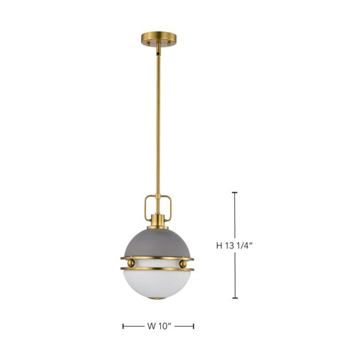 Satco 60-7875, Everton, 1-Light 10" Pendant Ceiling Light Fixture, 120V, 60W, Medium Base, Sphere Shape, Matte Gray and Brass Finish, Etched Opal Glass