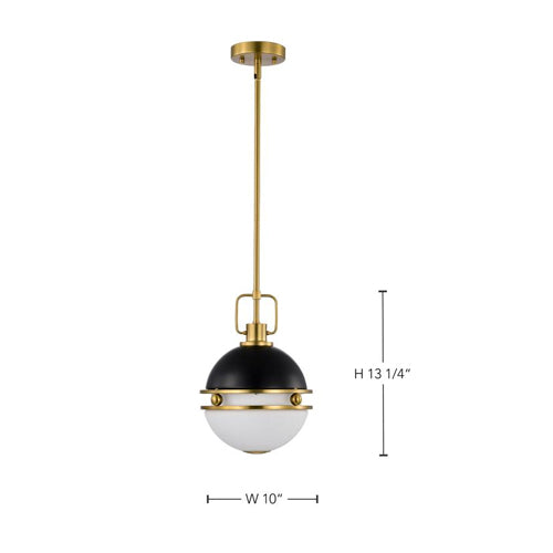 Satco 60-7876, Everton, 1-Light 10" Pendant Ceiling Light Fixture, 120V, 60W, Medium Base, Sphere Shape, Matte Black and Brass Finish, Etched Opal Glass
