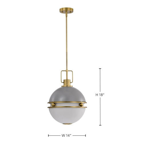 Satco 60-7877, Everton, 2-Light 14" Pendant Ceiling Light Fixture, 120V, 60W, Medium Base, Sphere Shape, Matte Gray and Brass Finish, Etched Opal Glass