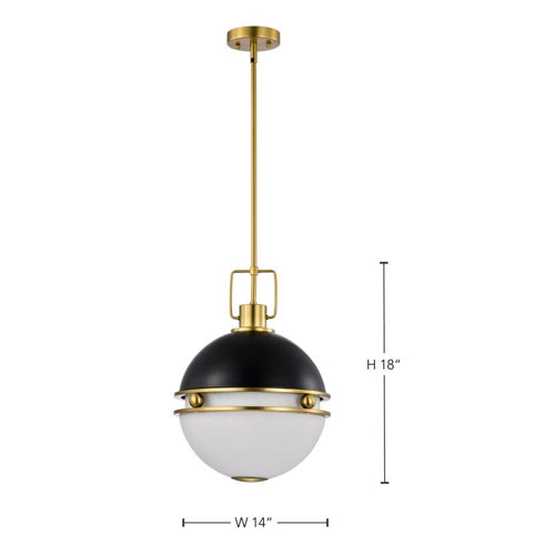 Satco 60-7878, Everton, 2-Light 14" Pendant Ceiling Light Fixture, 120V, 60W, Medium Base, Sphere Shape, Matte Black and Brass Finish, Etched Opal Glass