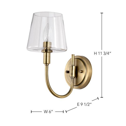 Satco 60-7881, Brookside, 1-Light Wall Sconce, 120V, 60W, Candelabra Base, Vintage Brass Finish, Clear Glass