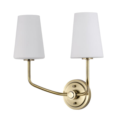 Satco 60-7882, Cordello, 2-Light Wall Sconce, 120V, 60W, Candelabra Base, Vintage Brass Finish, Etched White Opal Glass