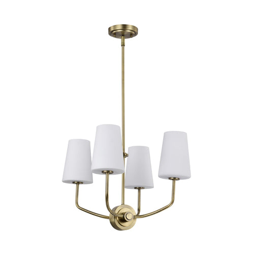 Satco 60-7884, Cordello, 4-Light Chandelier, 120V, 60W, Candelabra Base, Vintage Brass Finish, Etched White Opal Glass