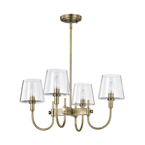 Satco 60-7885, Brookside, 4-Light Chandelier, 120V, 60W, Candelabra Base, Vintage Brass Finish, Clear Glass