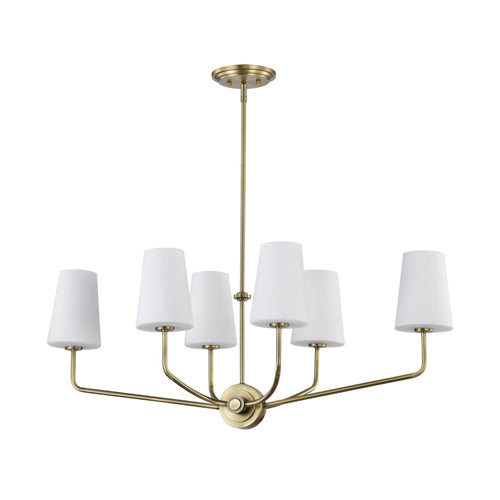 Satco 60-7886, Cordello, 6-Light Island Pendant, 120V, 60W, Candelabra Base, Vintage Brass Finish, Etched White Opal Glass