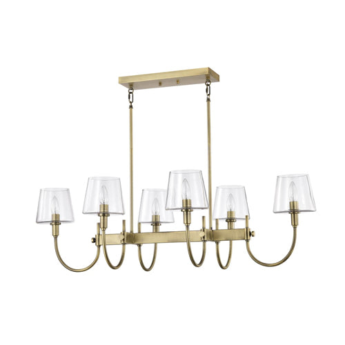 Satco 60-7887, Brookside, 6-Light Island Pendant, 120V, 60W, Candelabra Base, Vintage Brass Finish, Clear Glass