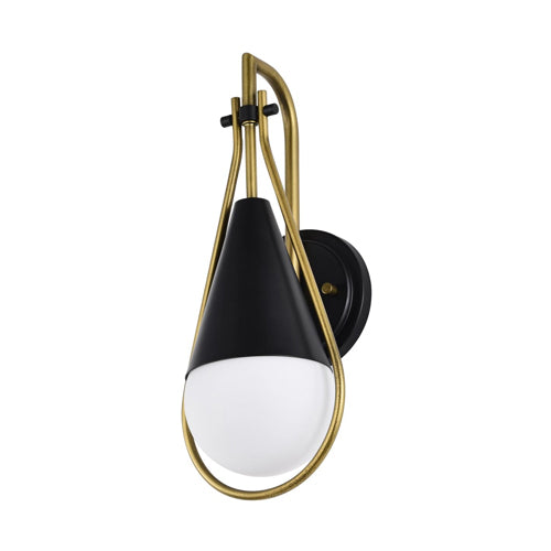 Satco 60-7901, Admiral, 1-Light Wall Sconce, 120V, 60W, Medium Base, Matte Black and Natural Brass Finish, White Opal Glass