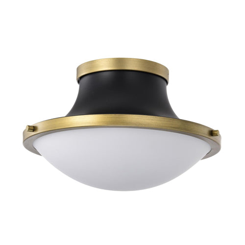Satco 60-7905, Lafayette, 1-Light 14" Flush Mount Ceiling Light Fixture, 120V, 60W, Medium Base, Matte Black Finish with Natural Brass Accents and White Opal Glass
