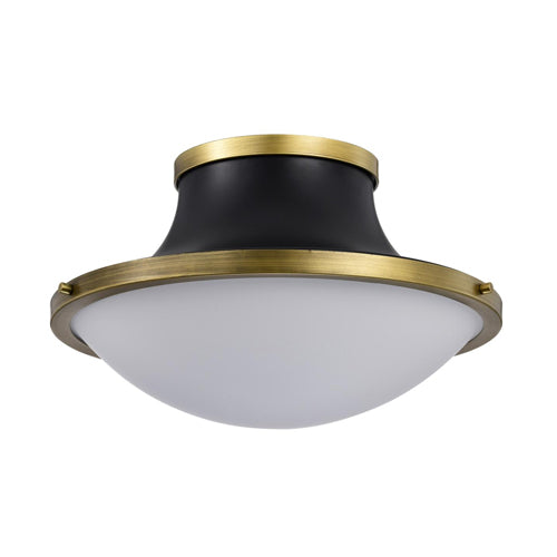 Satco 60-7906, Lafayette, 3-Light 18" Flush Mount Ceiling Light Fixture, 120V, 60W, Medium Base, Matte Black Finish with Natural Brass Accents and White Opal Glass