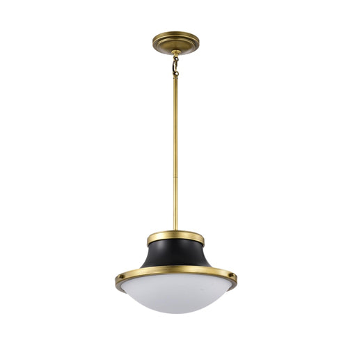 Satco 60-7907, Lafayette, 1-Light 14" Pendant Ceiling Light Fixture, 120V, 60W, Medium Base, Matte Black Finish with Natural Brass Accents and White Opal Glass