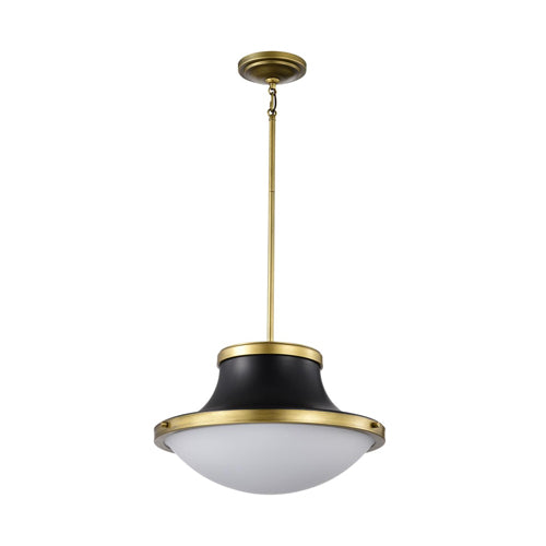 Satco 60-7908, Lafayette, 3-Light 18" Pendant Ceiling Light Fixture, 120V, 60W, Medium Base, Matte Black Finish with Natural Brass Accents and White Opal Glass