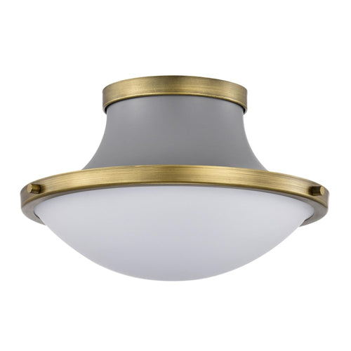 Satco 60-7915, Lafayette, 1-Light 14" Flush Mount Ceiling Light Fixture, 120V, 60W, Medium Base, Gray Finish with Natural Brass Accents and White Opal Glass